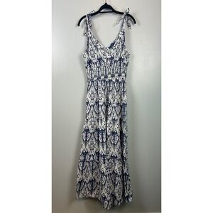 LA PLAGE XS Smocked Ikat Print Maxi Dress Tie Shoulder‎ Sleeveless Cotton Boho
